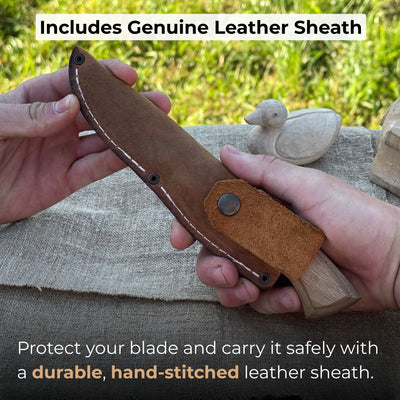 Detail wood carving knife with 5 cm carbon steel blade and leather sheath