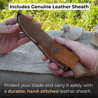 Detail wood carving knife with 5 cm carbon steel blade and leather sheath