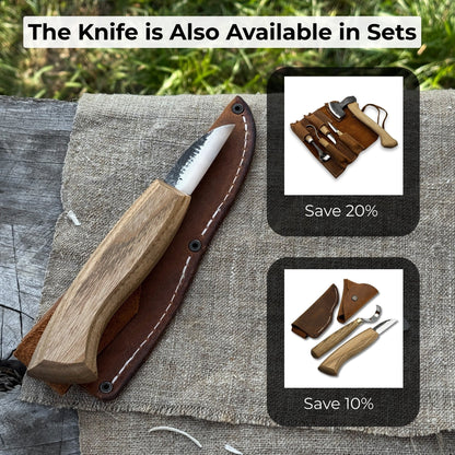 Detail wood carving knife with 5 cm carbon steel blade and leather sheath