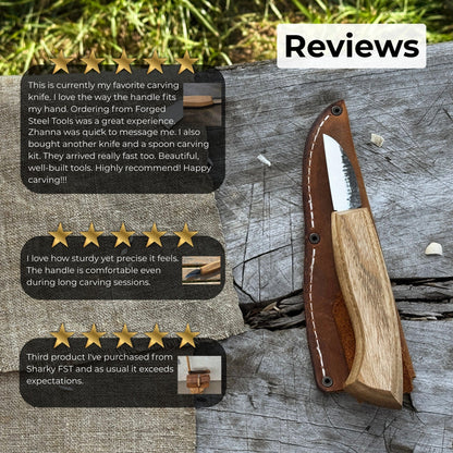 Detail wood carving knife with 5 cm carbon steel blade and leather sheath