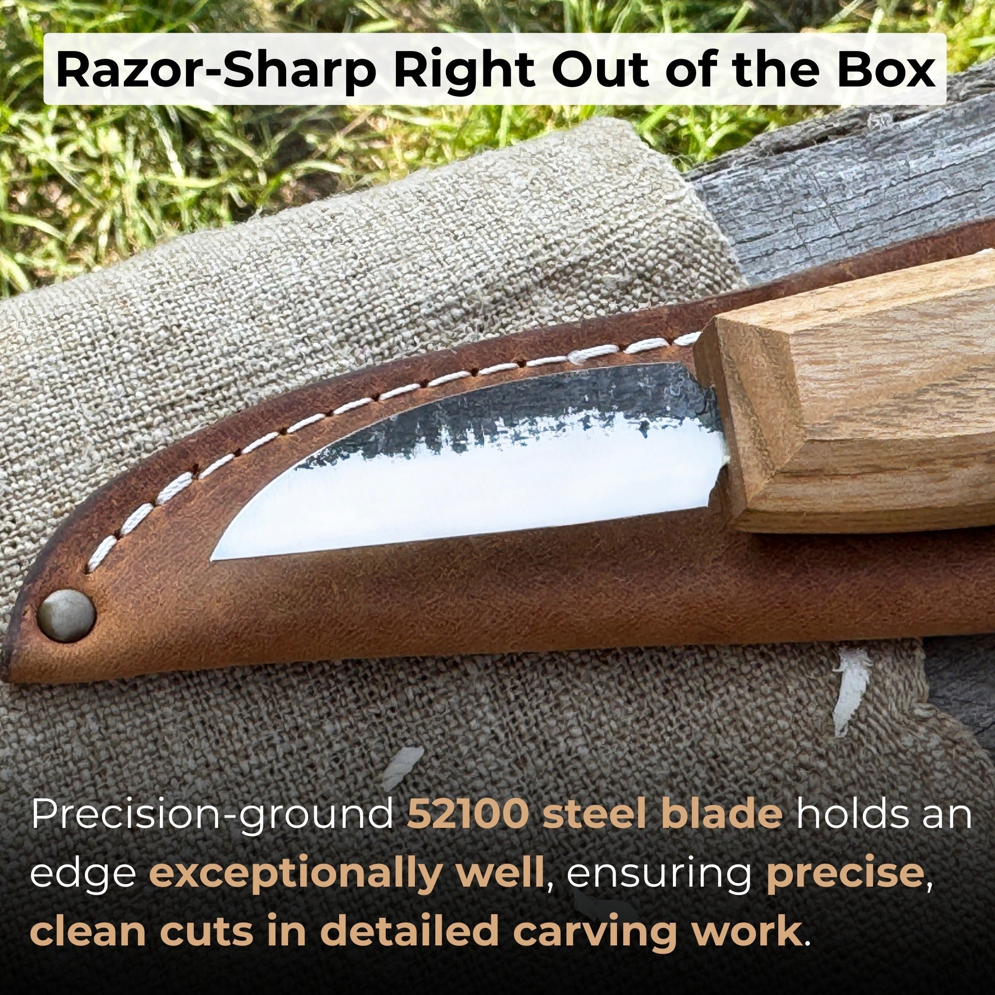 Detail wood carving knife with 5 cm carbon steel blade and leather sheath