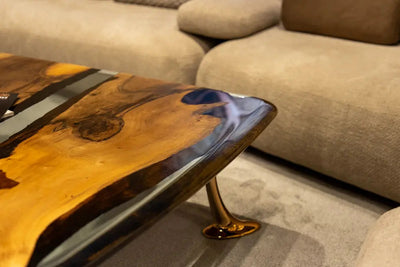 Luxury Epoxy Resin River Walnut Coffee Table with aluminum cast legs from the Osso Collection