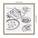 Black line drawing on light gray background showing sliced pizza, cheese block with knife, bowl of strawberries, and a glass in a wooden frame.