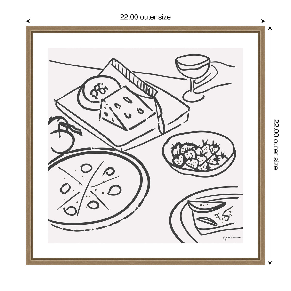 Black line drawing on light gray background showing sliced pizza, cheese block with knife, bowl of strawberries, and a glass in a wooden frame.