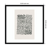 Framed abstract art print with a central rectangle filled with irregular black dots on a white background, surrounded by a thick white mat and a thin black frame