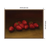 Cluster of ripe red strawberries with green leaves on a dark brown background, framed in an ornate gold-toned frame with outer dimensions 24 by 18 inches.