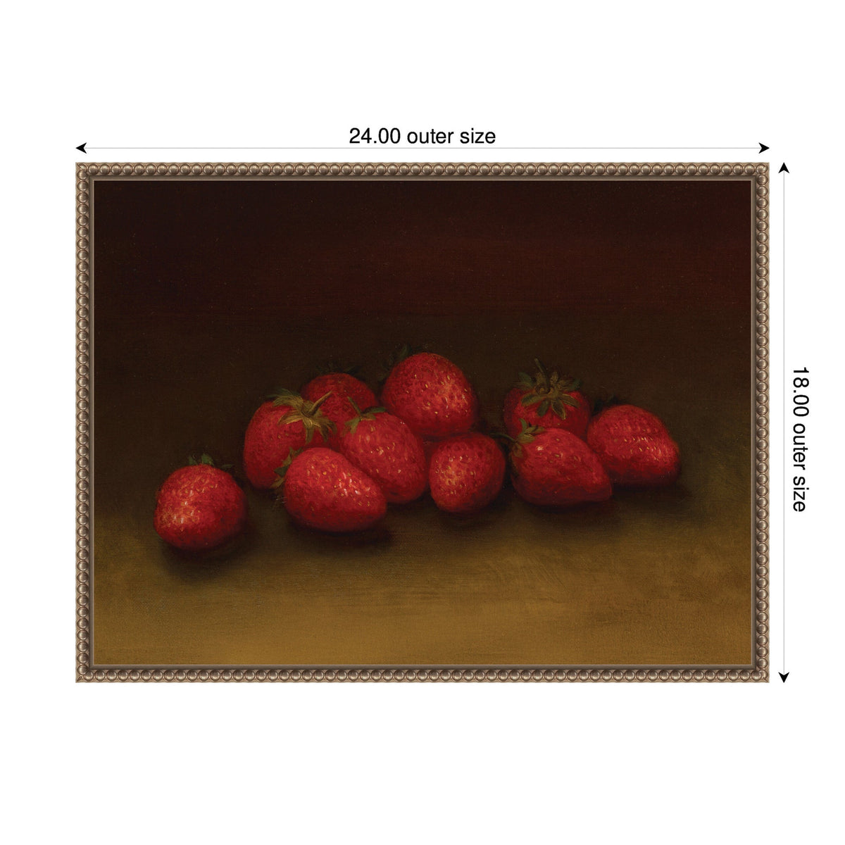 Cluster of ripe red strawberries with green leaves on a dark brown background, framed in an ornate gold-toned frame with outer dimensions 24 by 18 inches.