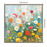 Colorful wildflower garden painting with red, yellow, white, pink, and orange flowers against a soft blue and green background, framed in wood with 30-inch edges.
