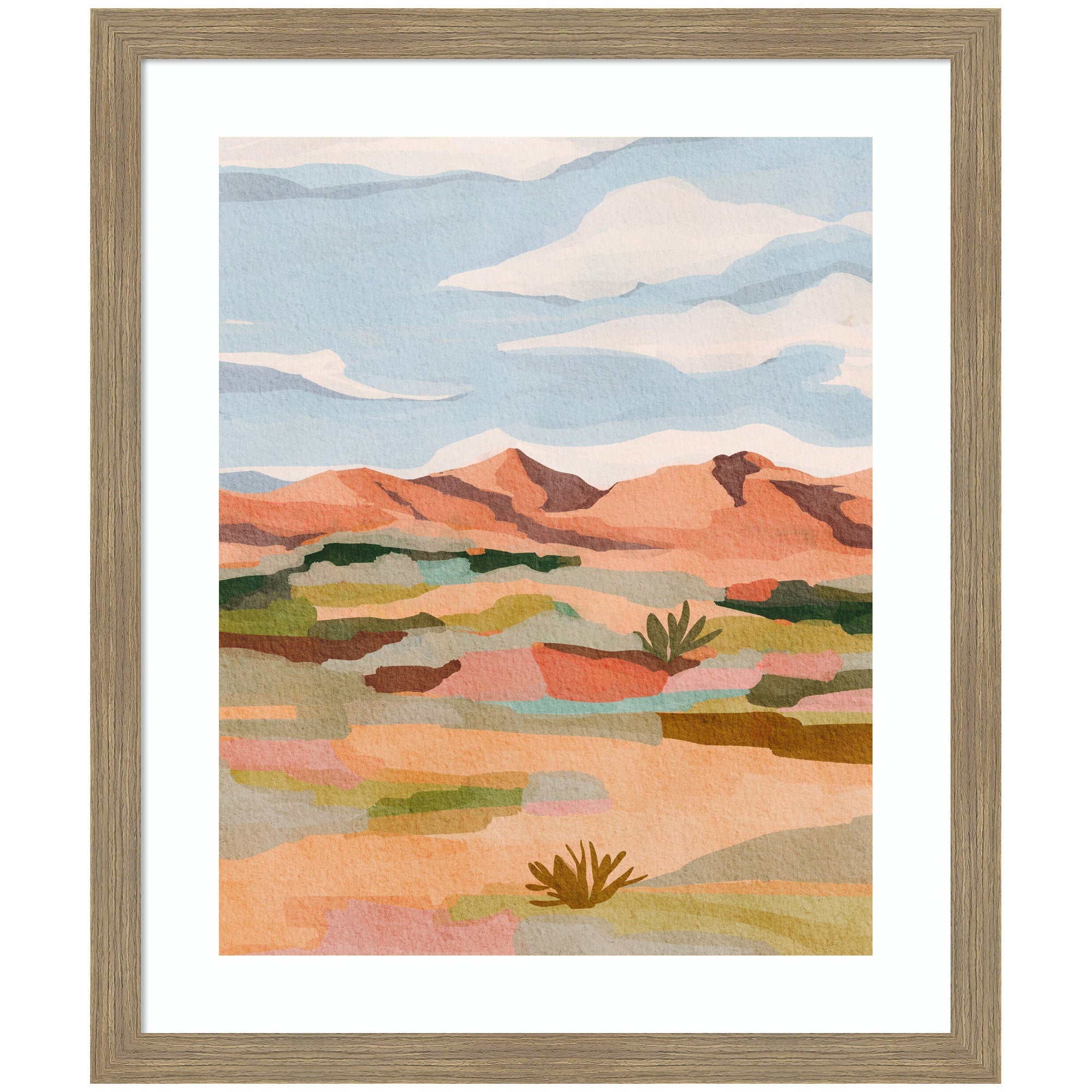 Framed Art 'Southwestern Dreams l' by Nikita Jariwala showing a pastel desert landscape and cloudry sky in Woodgrain Stripe Mocha frame