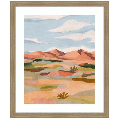 Framed Art 'Southwestern Dreams l' by Nikita Jariwala showing a pastel desert landscape and cloudry sky in Woodgrain Stripe Mocha frame