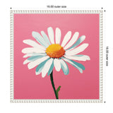 White daisy with yellow center and green stem on a solid pink background, framed in a white textured square frame.