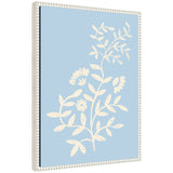 Framed canvas print of pale blue botanical illustration by Vicky Yorke in white beaded frame