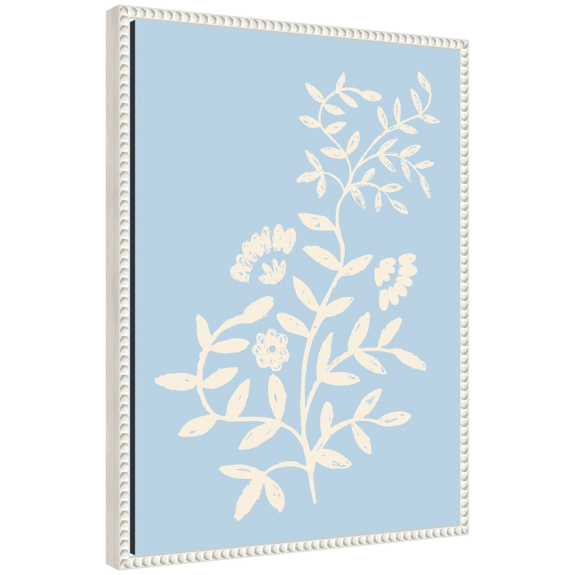 Framed canvas print of pale blue botanical illustration by Vicky Yorke in white beaded frame