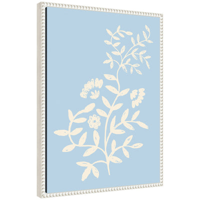 Framed canvas print of pale blue botanical illustration by Vicky Yorke in white beaded frame