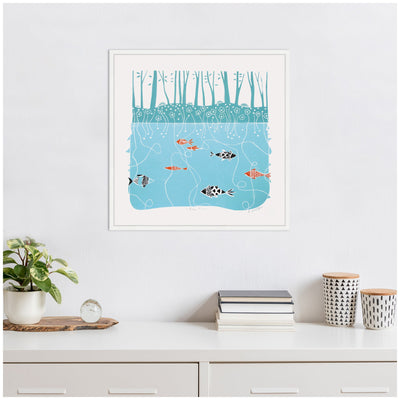 Sylvie Coastal Blue River Linocut Framed Canvas by Giuliana Lazzerini