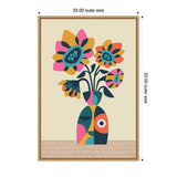 Abstract retro-style sunflower bouquet with bold geometric shapes and vibrant pink, orange, teal, and black colors in a patterned vase on a beige background.