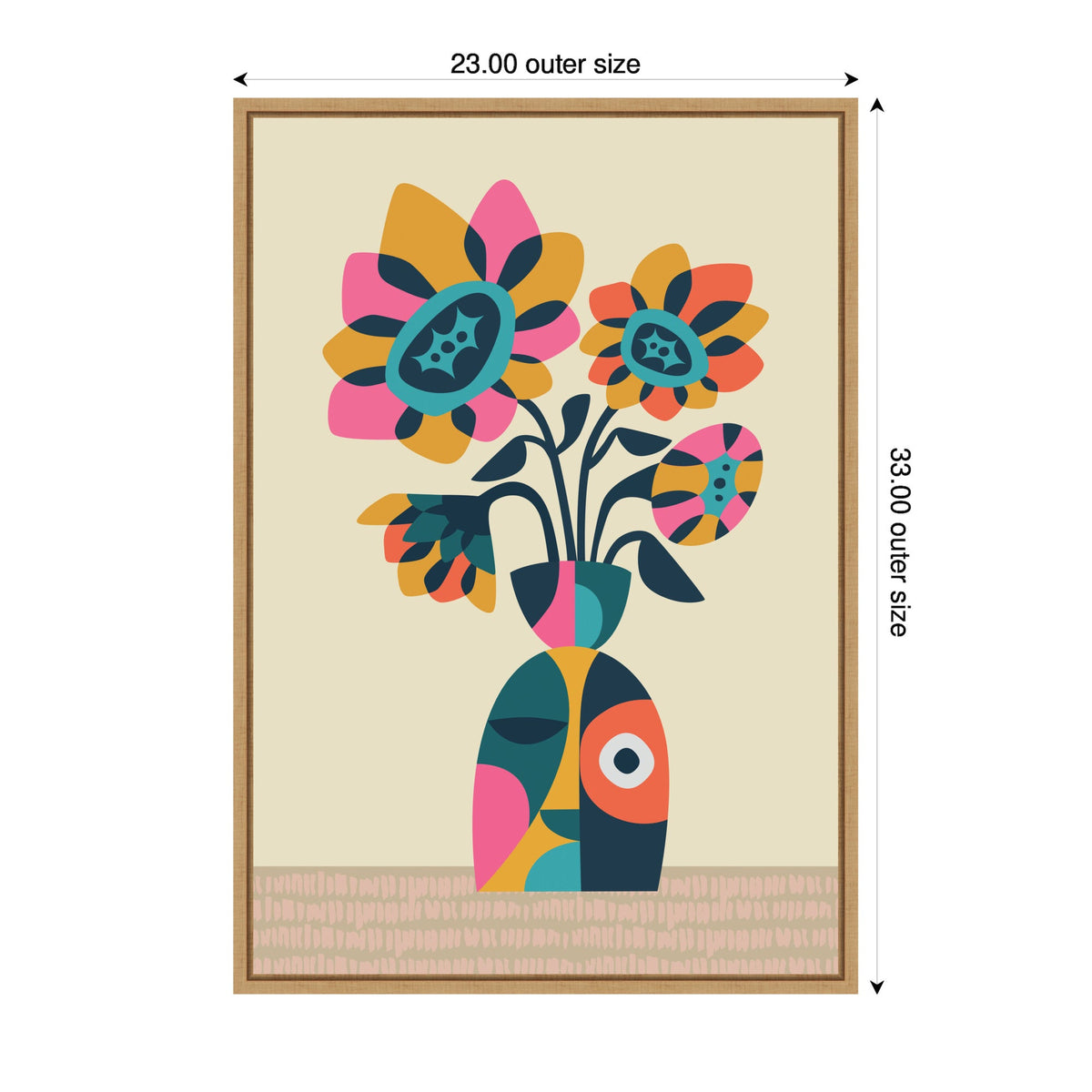 Abstract retro-style sunflower bouquet with bold geometric shapes and vibrant pink, orange, teal, and black colors in a patterned vase on a beige background.