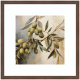 Framed wall art print featuring an olive tree branch with green olives and elongated gray-green leaves against a soft, neutral background.