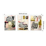 Three framed abstract paintings with beige, black, olive green, and red accents arranged horizontally, featuring organic shapes and bold brush strokes, measured 58 by 24 inches total.