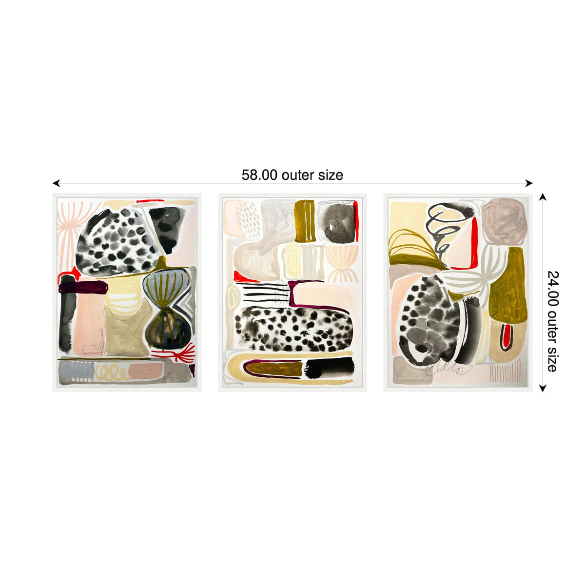 Three framed abstract paintings with beige, black, olive green, and red accents arranged horizontally, featuring organic shapes and bold brush strokes, measured 58 by 24 inches total.