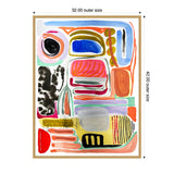 Abstract composition with colorful layered shapes including blue, pink, black, and orange forms, framed, with dimensions 32 by 42 inches marked on edges.