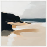 Abstract coastal landscape with black cliffs, tan sandy beach, and muted blue-gray ocean under a pale gray sky in broad brushstrokes