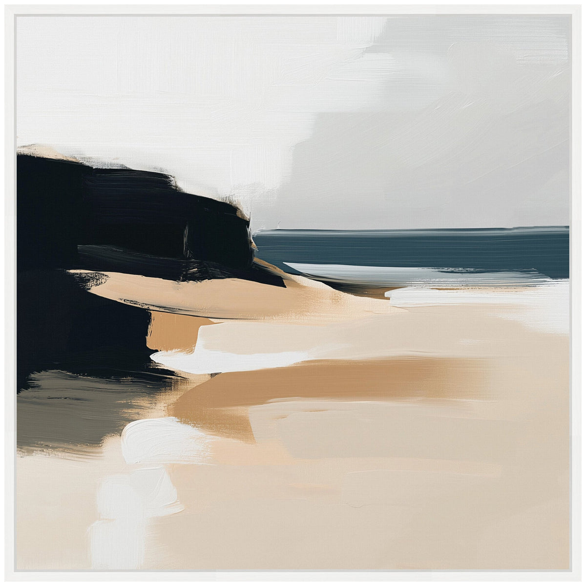 Abstract coastal landscape with black cliffs, tan sandy beach, and muted blue-gray ocean under a pale gray sky in broad brushstrokes