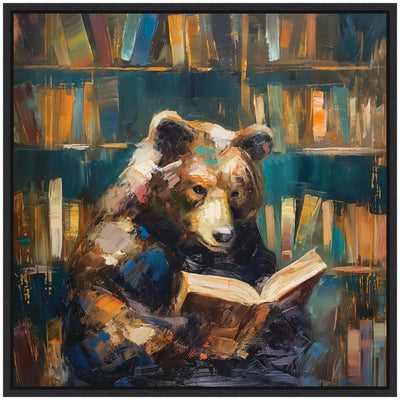 Sylvie Traditional Bear Reading in Library Framed Canvas by The Creative Bunch Studio