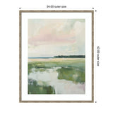 Soft pastel landscape painting of a marsh with reflective water and green grasses under a cloudy sky, framed in light wood with white matting.
