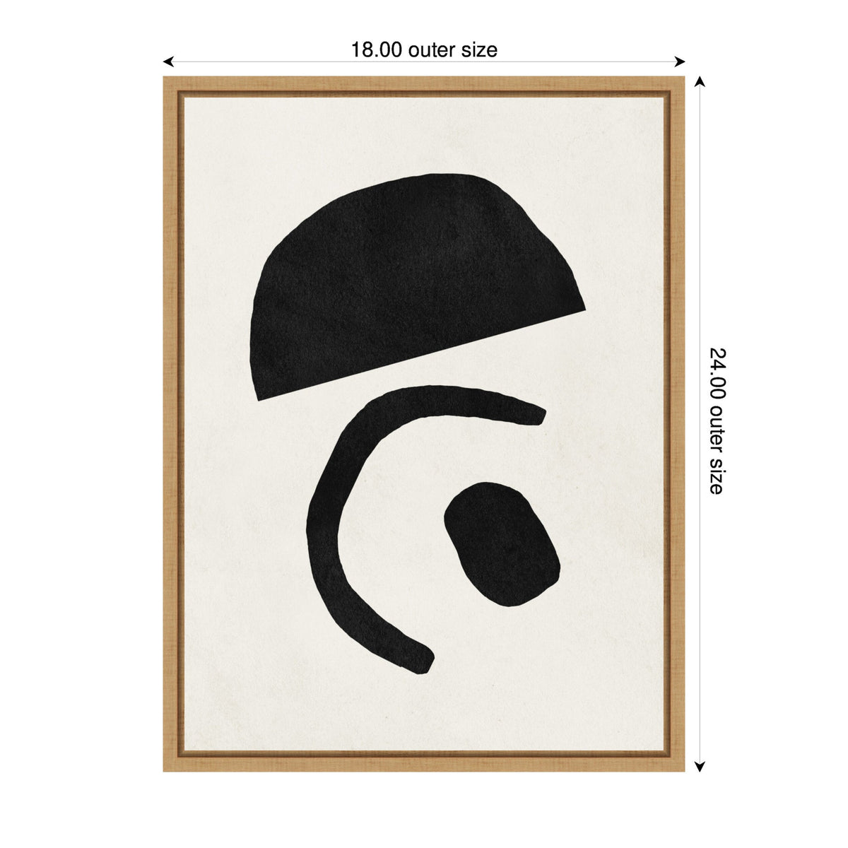 Abstract black geometric shapes on a white canvas within a light wood frame, sized 18 by 24 inches, featuring a curved line, circle, and semicircle.