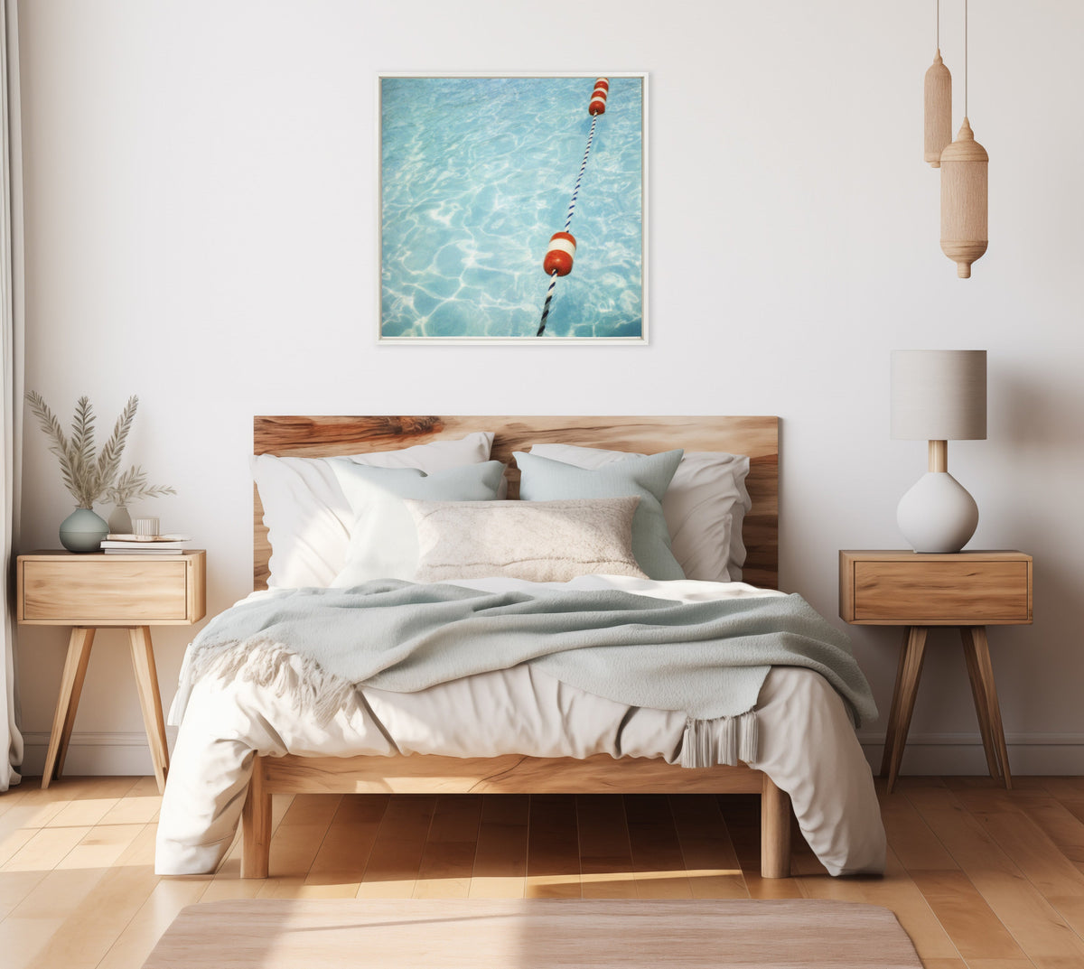 Framed photo above wood bed showing orange and white buoys floating on a rippling blue pool surface, against a clean white wall in a minimalist bedroom.