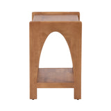 Side view of Aarstad wood side table showing arched cutout in natural warm wood finish with lower shelf and clean straight lines