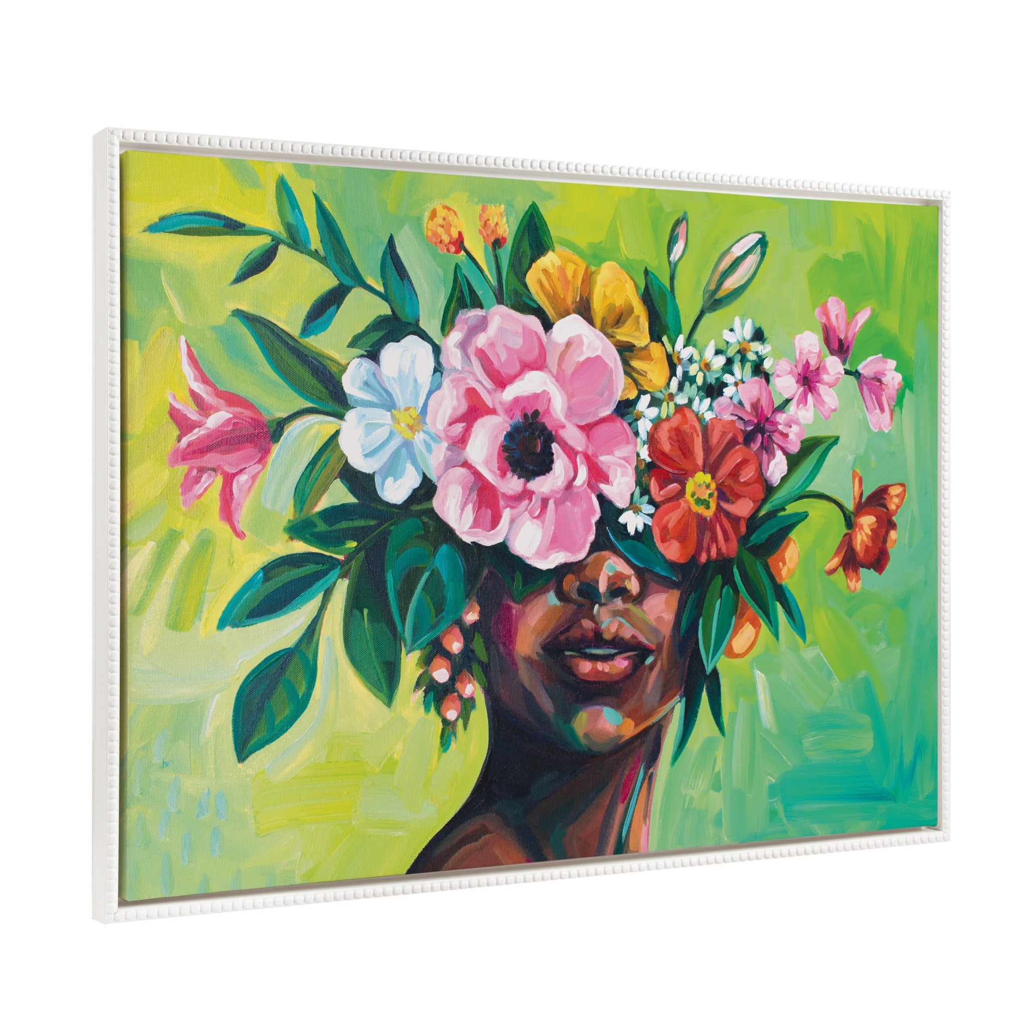 Sylvie Beaded She Chose to Flourish framed canvas art by Rachel Christopoulos featuring a colorful floral portrait of a woman
