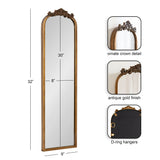 Tall narrow mirror with an 8x30 inch reflective surface, antique gold frame featuring an ornate crown detail, and D-ring hangers on the back.