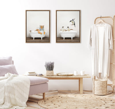 Sylvie Penguins Playing in Rustic Bath Framed Canvas by kateandlaurel - product image 11 for Resin Society