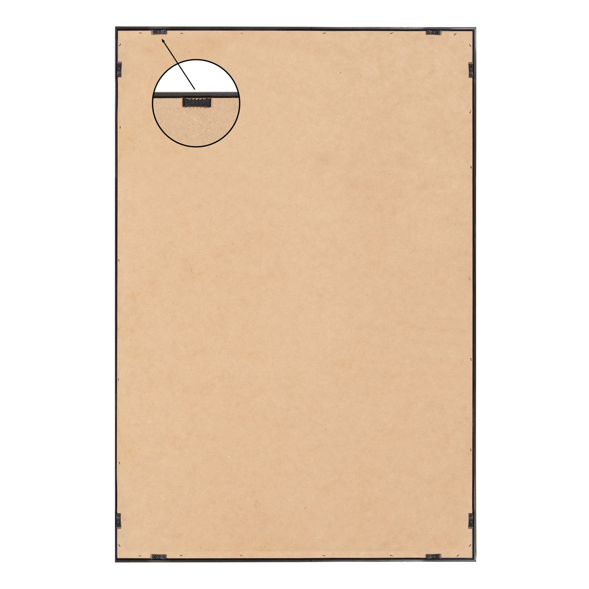 Rear view of a rectangular framed canvas with a beige backboard secured by metal clips and a small hanging bracket at the top center enlarged in an inset circle.