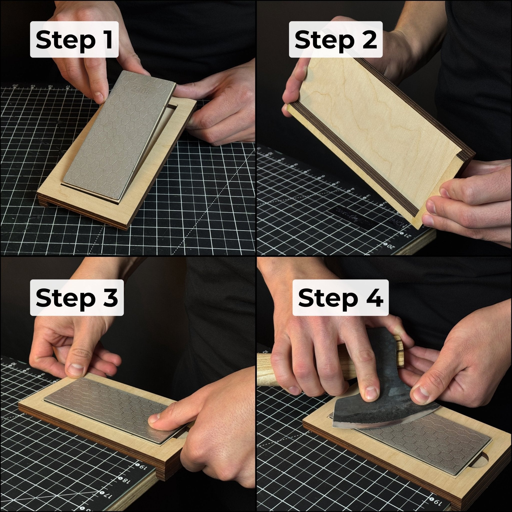 Diamond sharpening stone with 600 grit surface on a wooden ash stand for sharpening knives and tools