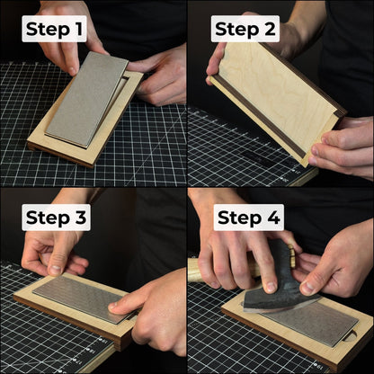 Diamond sharpening stone with 600 grit surface on a wooden ash stand for sharpening knives and tools