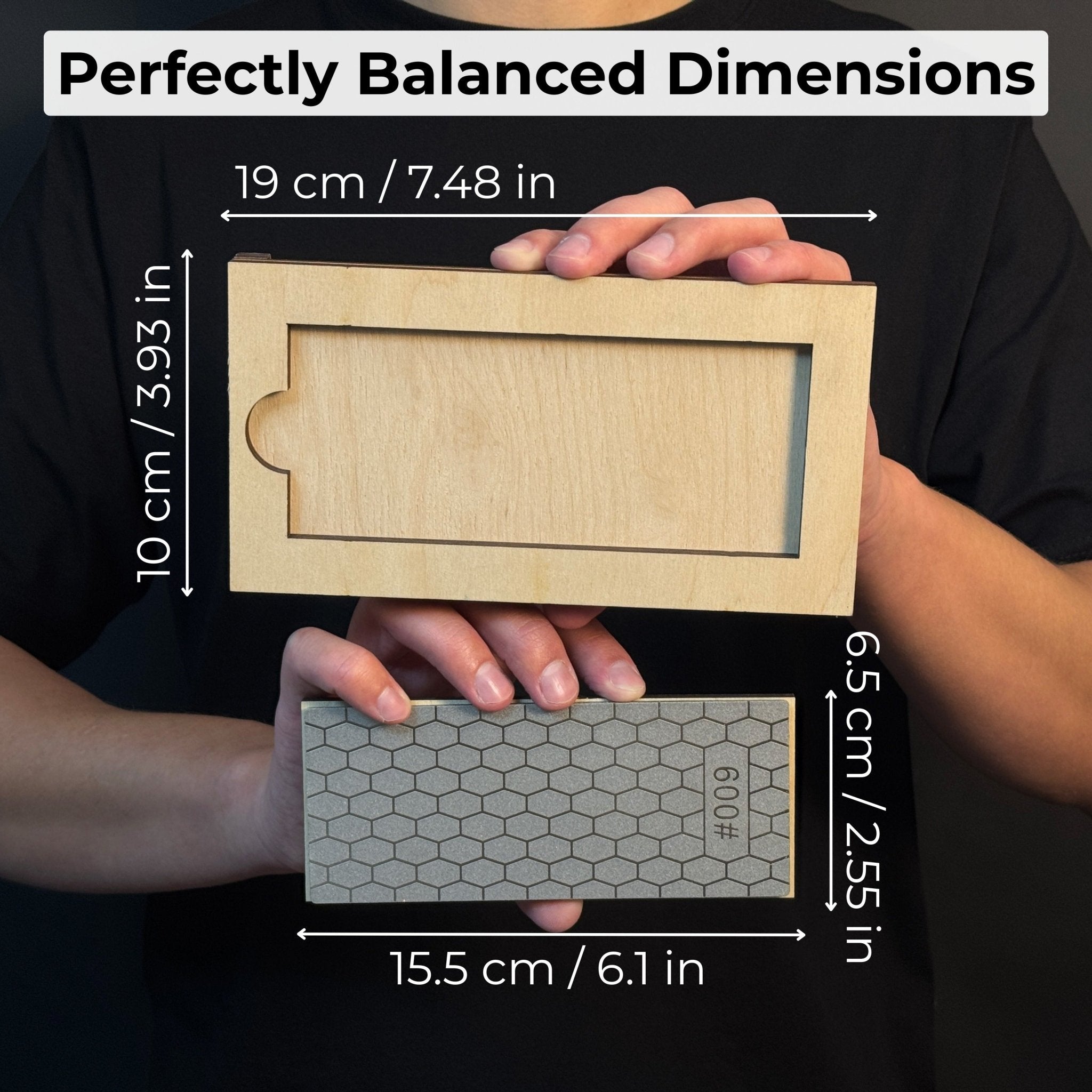 Diamond sharpening stone with 600 grit surface on a wooden ash stand for sharpening knives and tools