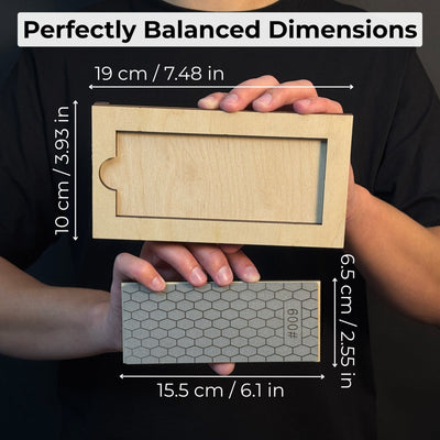 Diamond sharpening stone with 600 grit surface on a wooden ash stand for sharpening knives and tools