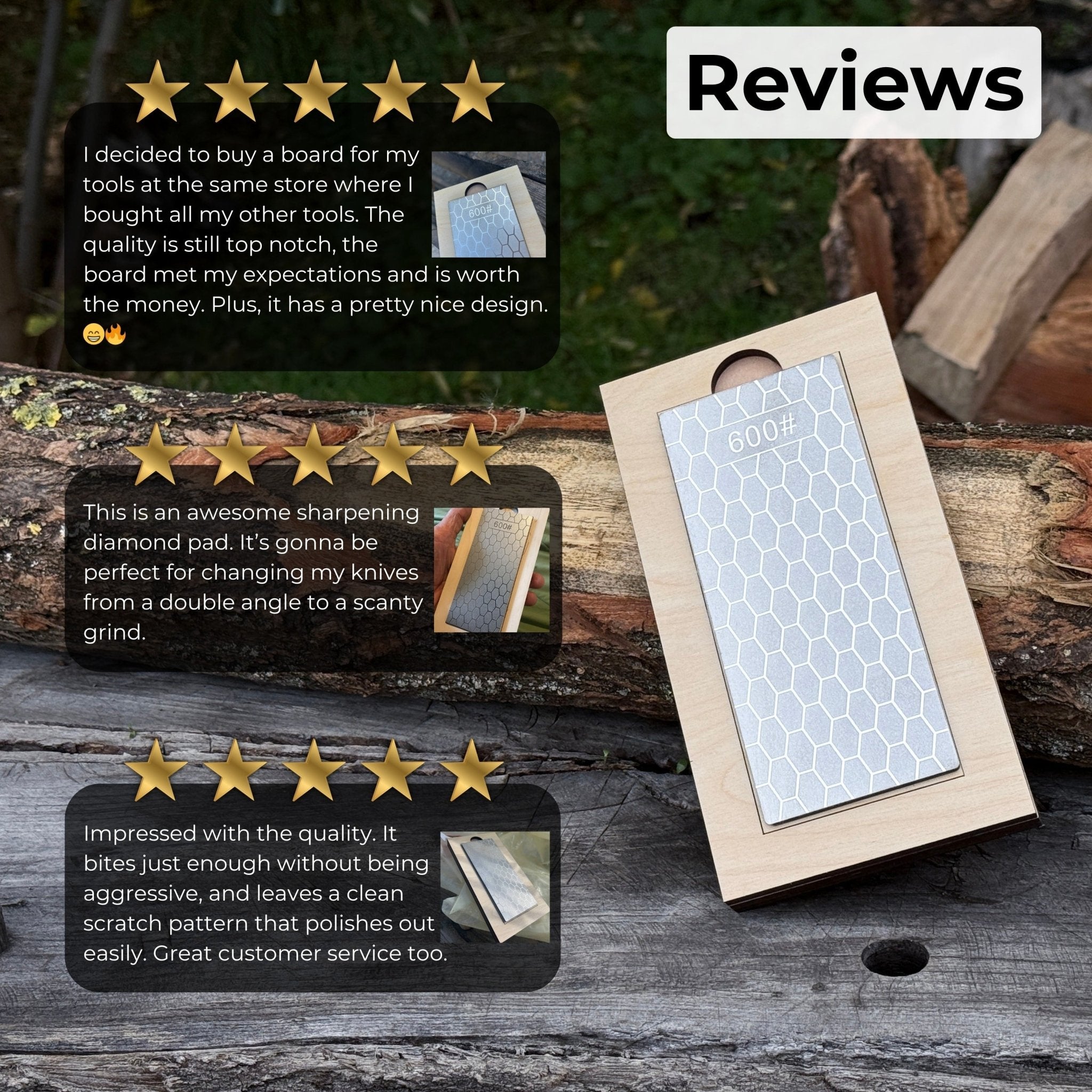 Diamond sharpening stone with 600 grit surface on a wooden ash stand for sharpening knives and tools