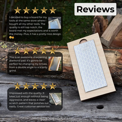 Diamond sharpening stone with 600 grit surface on a wooden ash stand for sharpening knives and tools