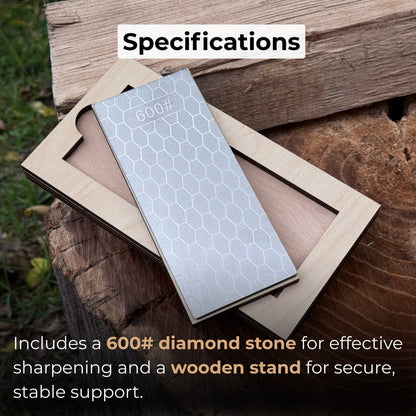 Diamond sharpening stone with 600 grit surface on a wooden ash stand for sharpening knives and tools
