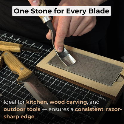 Diamond sharpening stone with 600 grit surface on a wooden ash stand for sharpening knives and tools