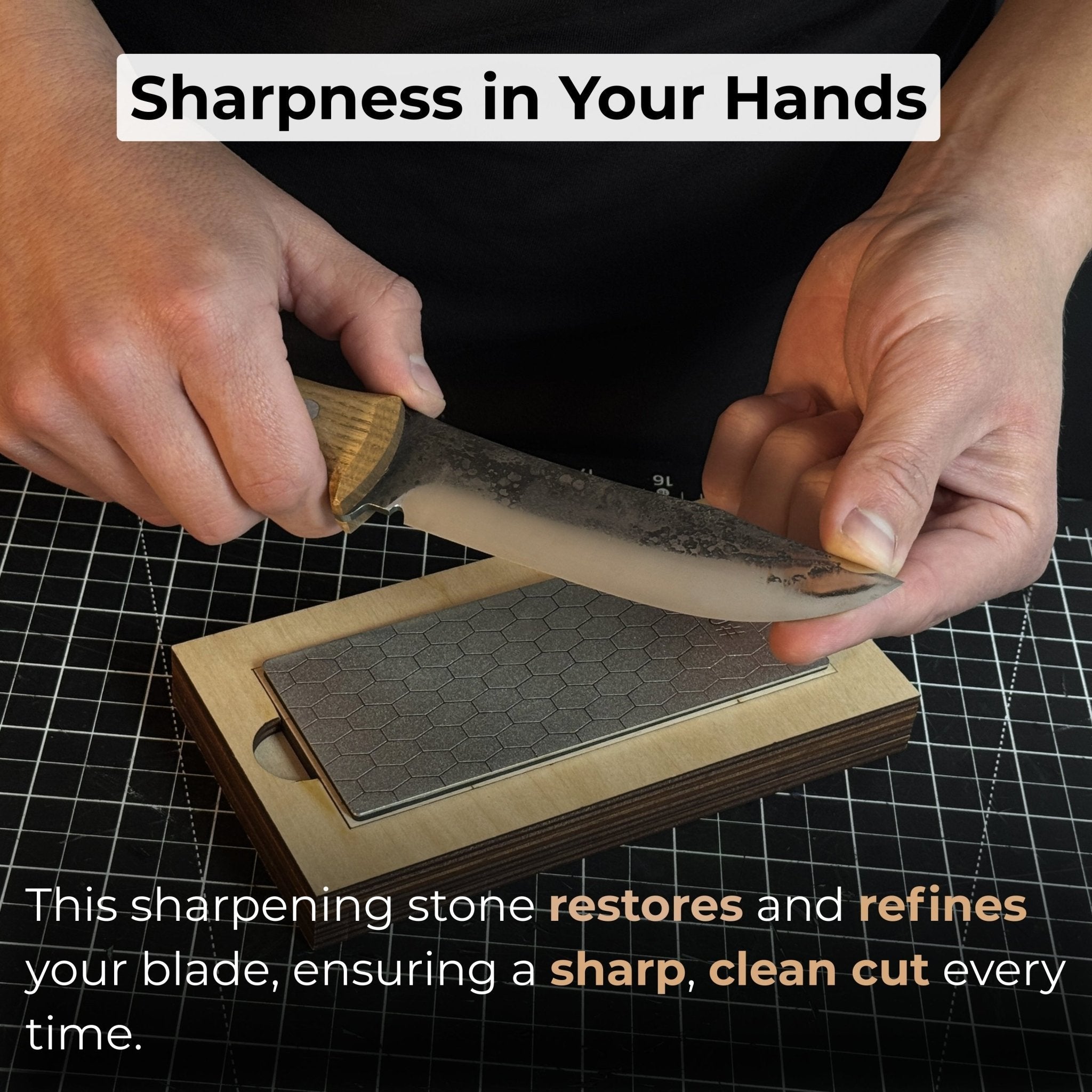 Diamond sharpening stone with 600 grit surface on a wooden ash stand for sharpening knives and tools