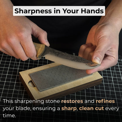 Diamond sharpening stone with 600 grit surface on a wooden ash stand for sharpening knives and tools