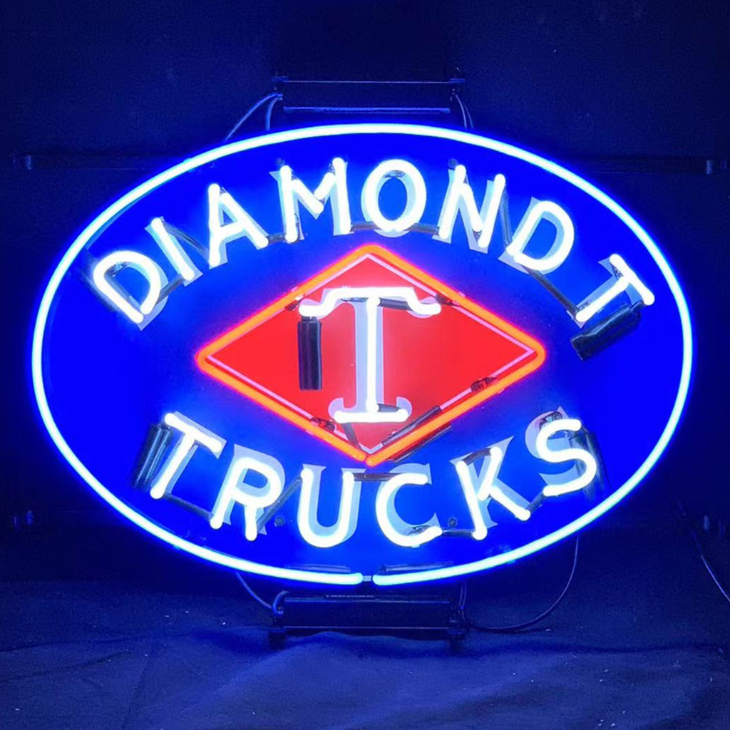 Diamond T Trucks Car Neon Signs Light glowing with bright blue and yellow neon tubes mounted on metal grid backing