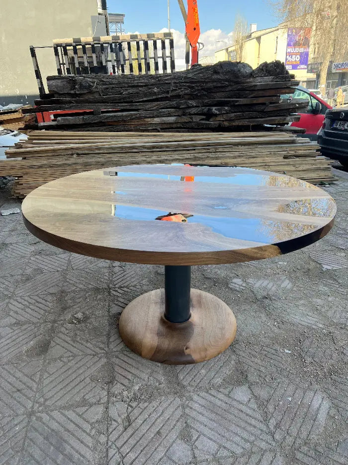 Custom round epoxy resin walnut dining table with wood and metal base