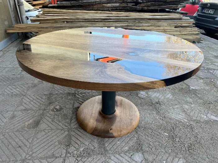 Custom round epoxy resin walnut dining table with wood and metal base