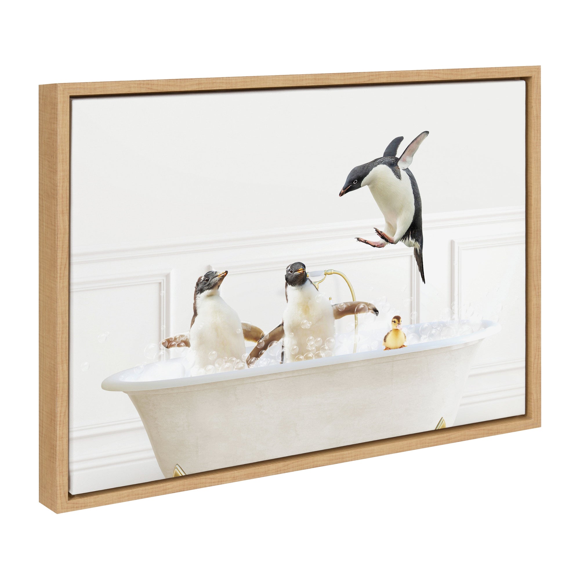 Sylvie Penguins In Bubble Bath Neutral Style Framed Canvas by kateandlaurel - main product image for Resin Society
